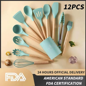 12-Piece Silicone Kitchen Utensils Set with Wooden Handles