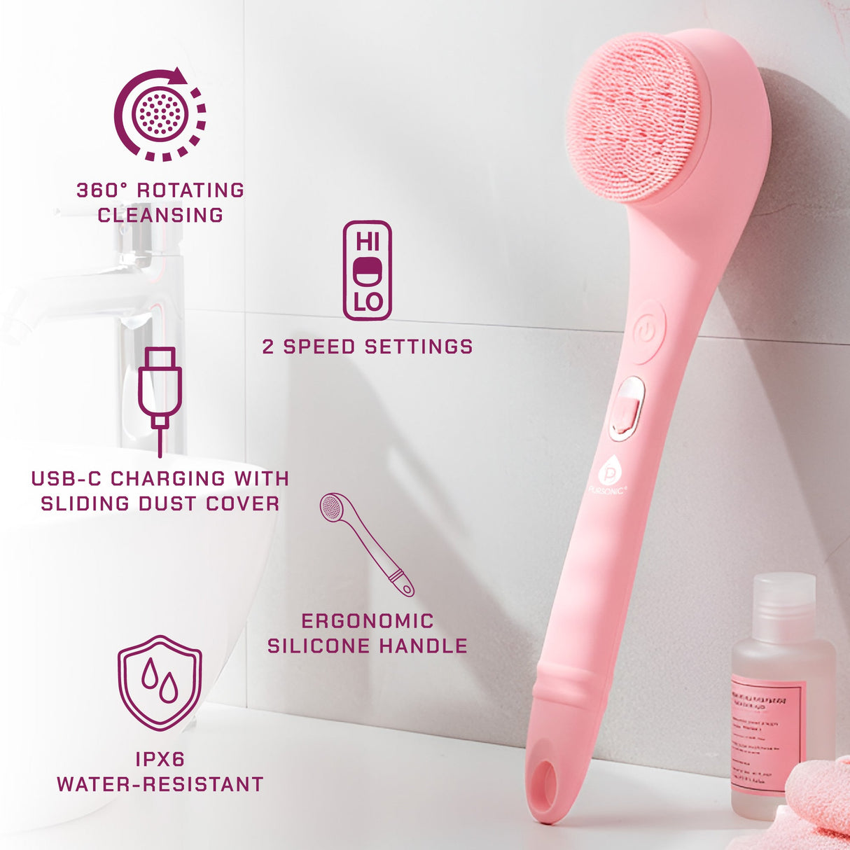 Rechargeable Waterproof Silicone Bath Brush with 3 Interchangeable Brush Heads