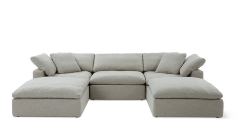 The Movie Night 3-Piece Modular Sofa is a spacious, light gray sectional with plush cushions and several seating sections, featuring chaise lounges on each end, set against a simple white background.