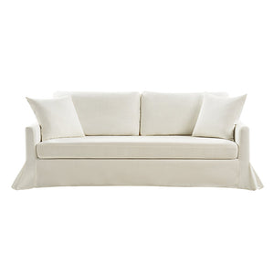 Introducing the Torsten Modern Comfortable Sofa, a white three-seater designed with two large back cushions and two smaller side cushions. Its floor-length tailored skirt adds a touch of elegance and sophistication to any space.