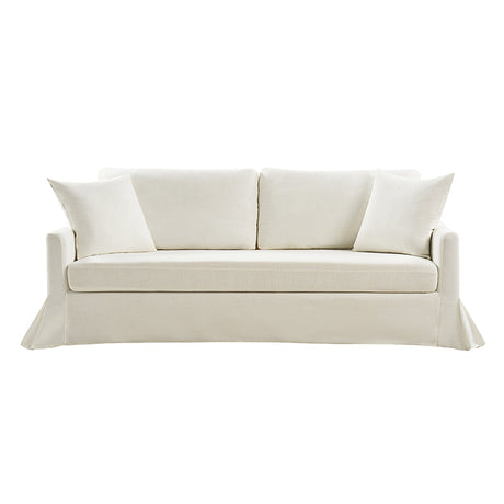 Introducing the Torsten Modern Comfortable Sofa, a white three-seater designed with two large back cushions and two smaller side cushions. Its floor-length tailored skirt adds a touch of elegance and sophistication to any space.