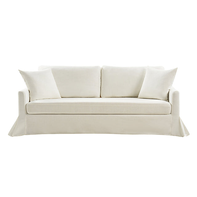 Introducing the Torsten Modern Comfortable Sofa, a white three-seater designed with two large back cushions and two smaller side cushions. Its floor-length tailored skirt adds a touch of elegance and sophistication to any space.