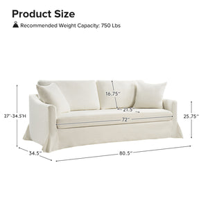 Here is an image of the Torsten Modern Comfortable Sofa in white, featuring the following measurements: height ranging from 27 to 34.5 inches, depth of 34.5 inches, and width of 80.5 inches. The seat has a height of 25.75 inches, a depth of 22 inches, and a width of 72 inches, with a pillow height of 16.75 inches. It has a recommended weight capacity of up to 750 lbs.