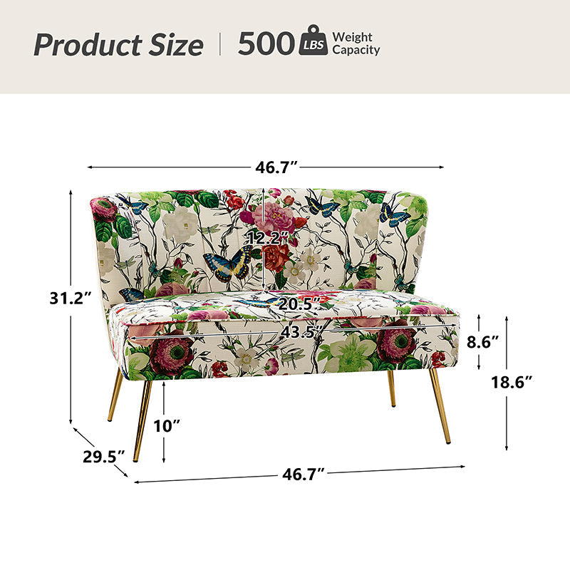 The Coraline Loveseat showcases a bold floral and butterfly design, with dimensions of 46.7 inches in width, 29.5 inches in depth, and 31.2 inches in height. Its seat measures 46.7 inches wide, 20.5 inches deep, and is positioned at a height of 18.6 inches from the floor. This loveseat supports a weight capacity of up to 500 pounds.
