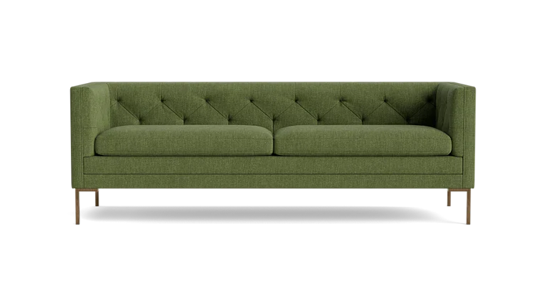 Product: Sit Tight 90" Sofa - A green tufted design featuring two seat cushions and wooden legs, presented against a black backdrop.