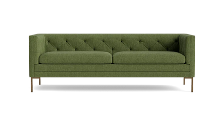Product: Sit Tight 90" Sofa - A green tufted design featuring two seat cushions and wooden legs, presented against a black backdrop.
