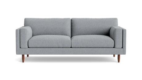 Discover the Skinny Fat 85" Sofa Standard Depth, a contemporary piece in light gray that features two seat cushions and two backrest cushions. With its straight, simple armrests and wooden legs, this sofa embodies a minimalist design. The transparent background accentuates its sleek appearance.