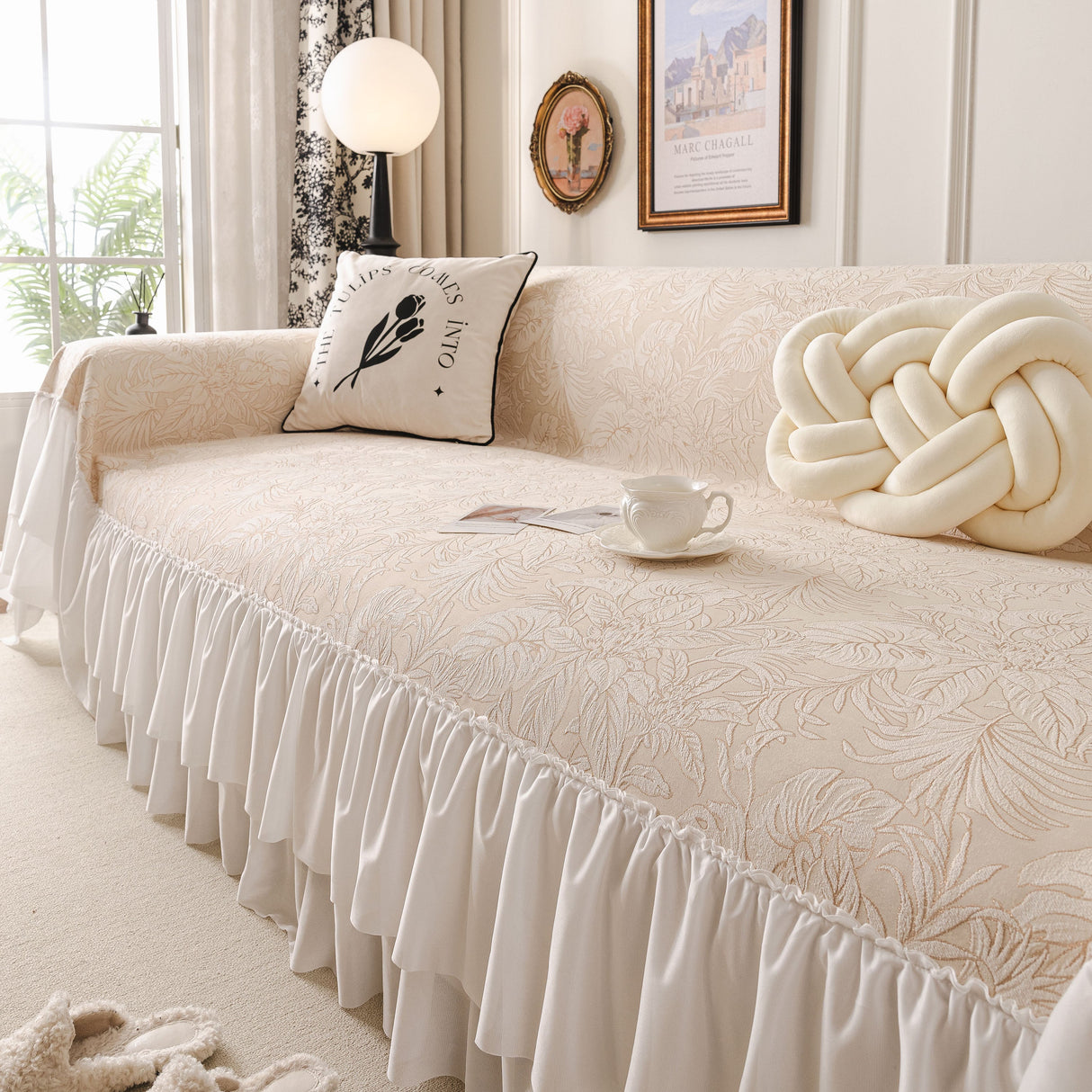 French Chic Style Ruffle Floral Cover Throws for Sofas, Decorative Couch Covers