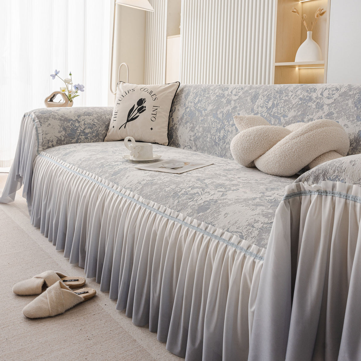 French Chic Style Ruffle Rose Cover Throw for Sofas, Decorative Sectional Covers