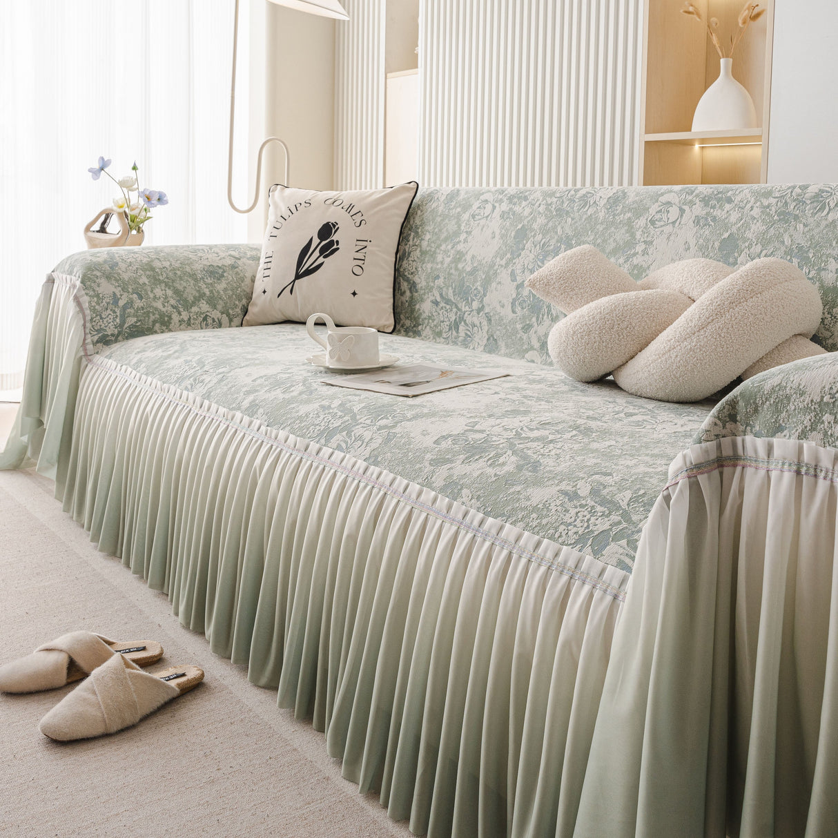 French Chic Style Ruffle Rose Cover Throw for Sofas, Decorative Sectional Covers