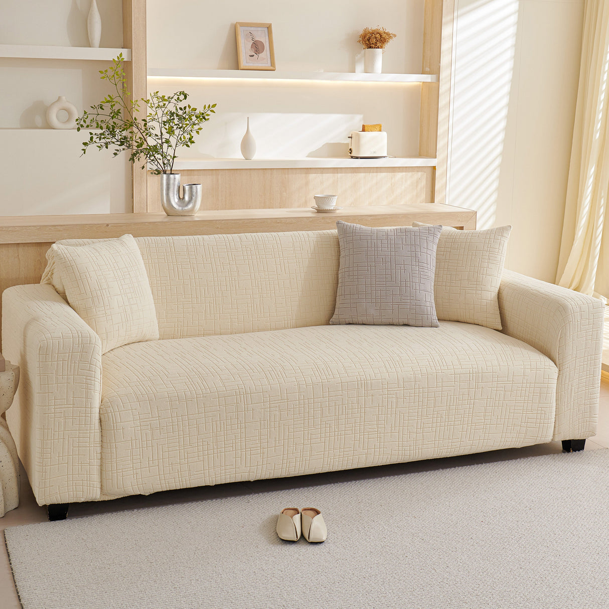 Embossed Lines Couch Covers Stretchable Non-Slip & Washable Sofa Slipcovers