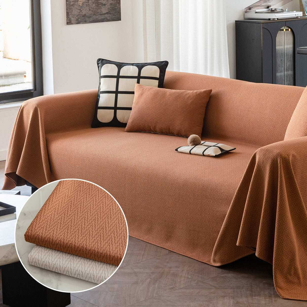 Herringbone Textured Sofa Throw Blanket, Durable Pet Friendly Modern Couch Slipcover