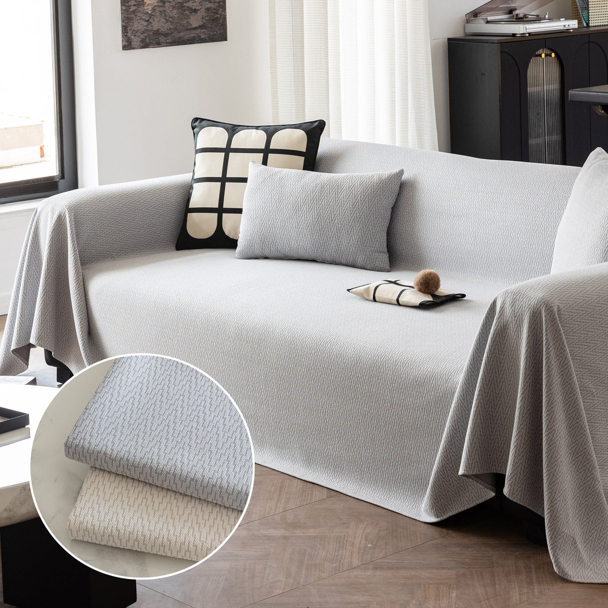 Herringbone Textured Sofa Throw Blanket, Durable Pet Friendly Modern Couch Slipcover