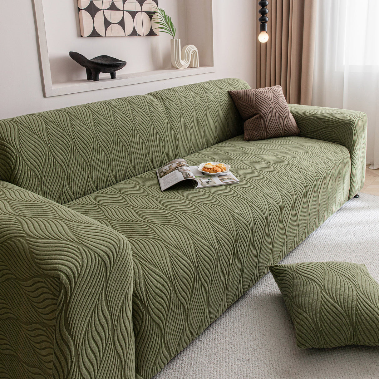 Modern Wavy Jacquard Sofa Slipcover, High Stretch Sofa Cover with 3D Organic Texture