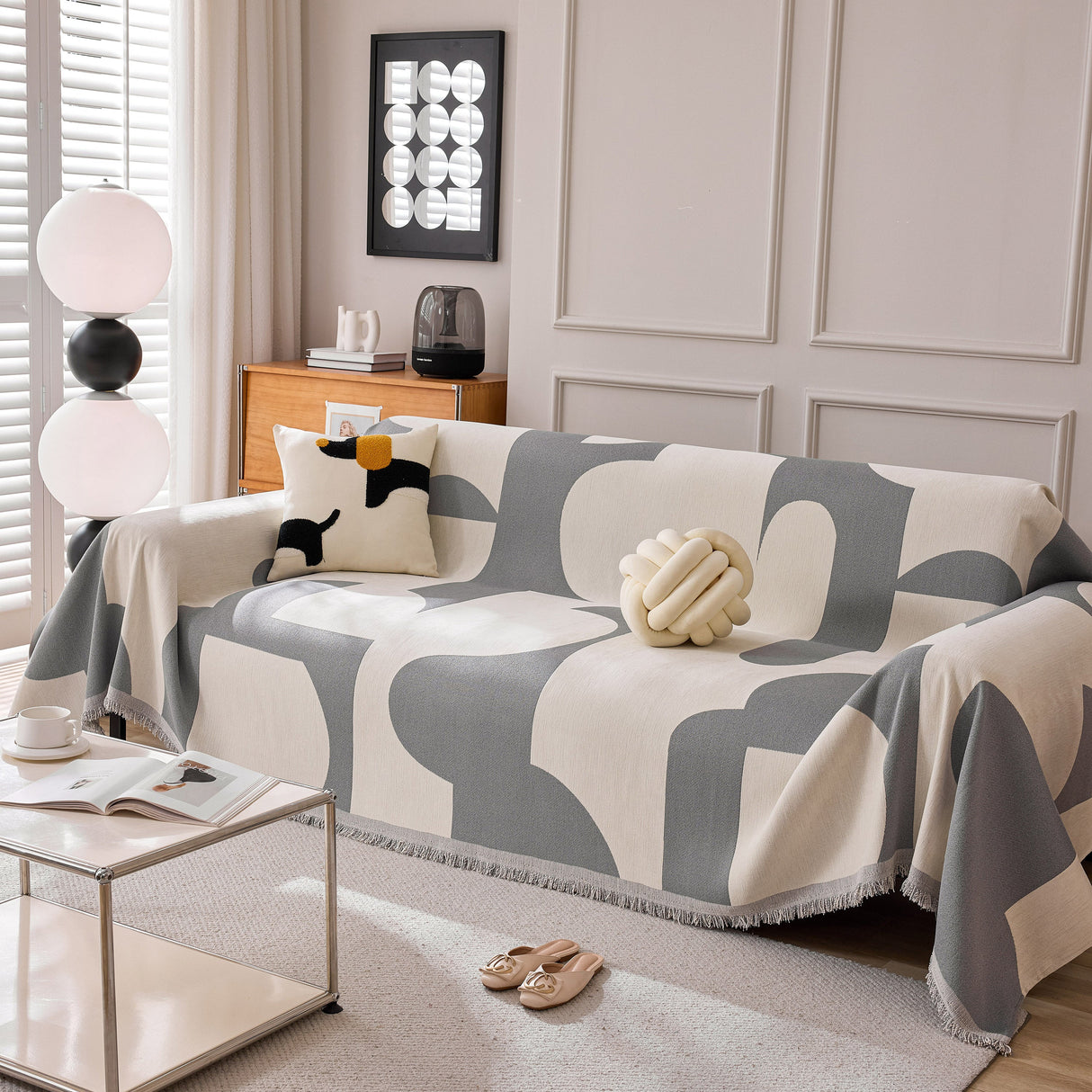 Modern Abstract Chenille Sofa Cover, Large Soft Throw Blanket with Tassels for Couch