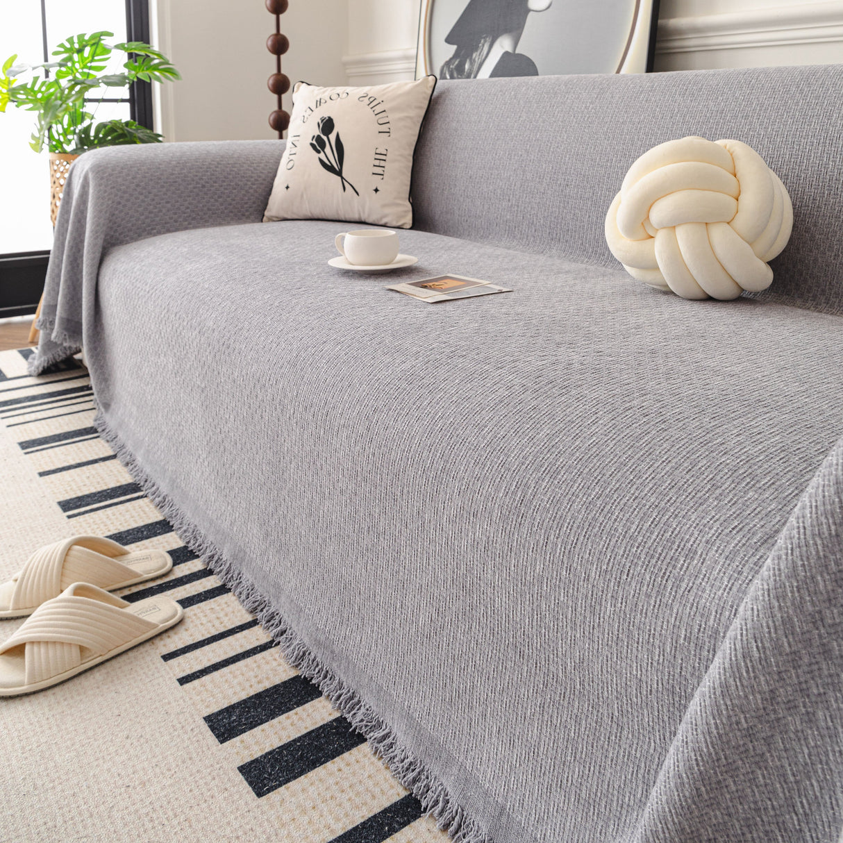 Textured Woven Modern Sofa Cover, Natural Blend Decorative Couch Throw Blanket