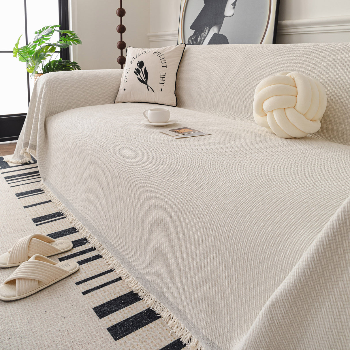 Textured Woven Modern Sofa Cover, Natural Blend Decorative Couch Throw Blanket