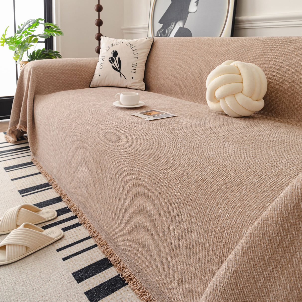 Textured Woven Modern Sofa Cover, Natural Blend Decorative Couch Throw Blanket