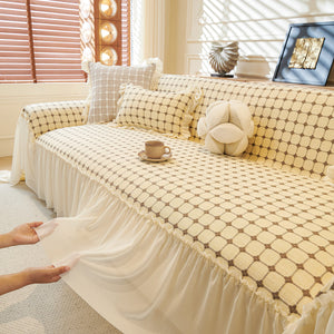 Grid Textured Sofa Cover with Sheer Ruffle Skirt, Pet-Friendly Sofa Throw Slipcover