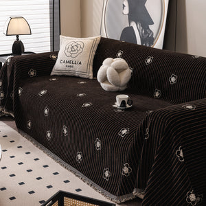 Chenille Camellia Floral Sofa Throw Cover Couch Blanket with Striped Jacquard