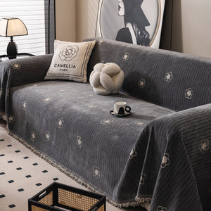 Chenille Camellia Floral Sofa Throw Cover Couch Blanket with Striped Jacquard