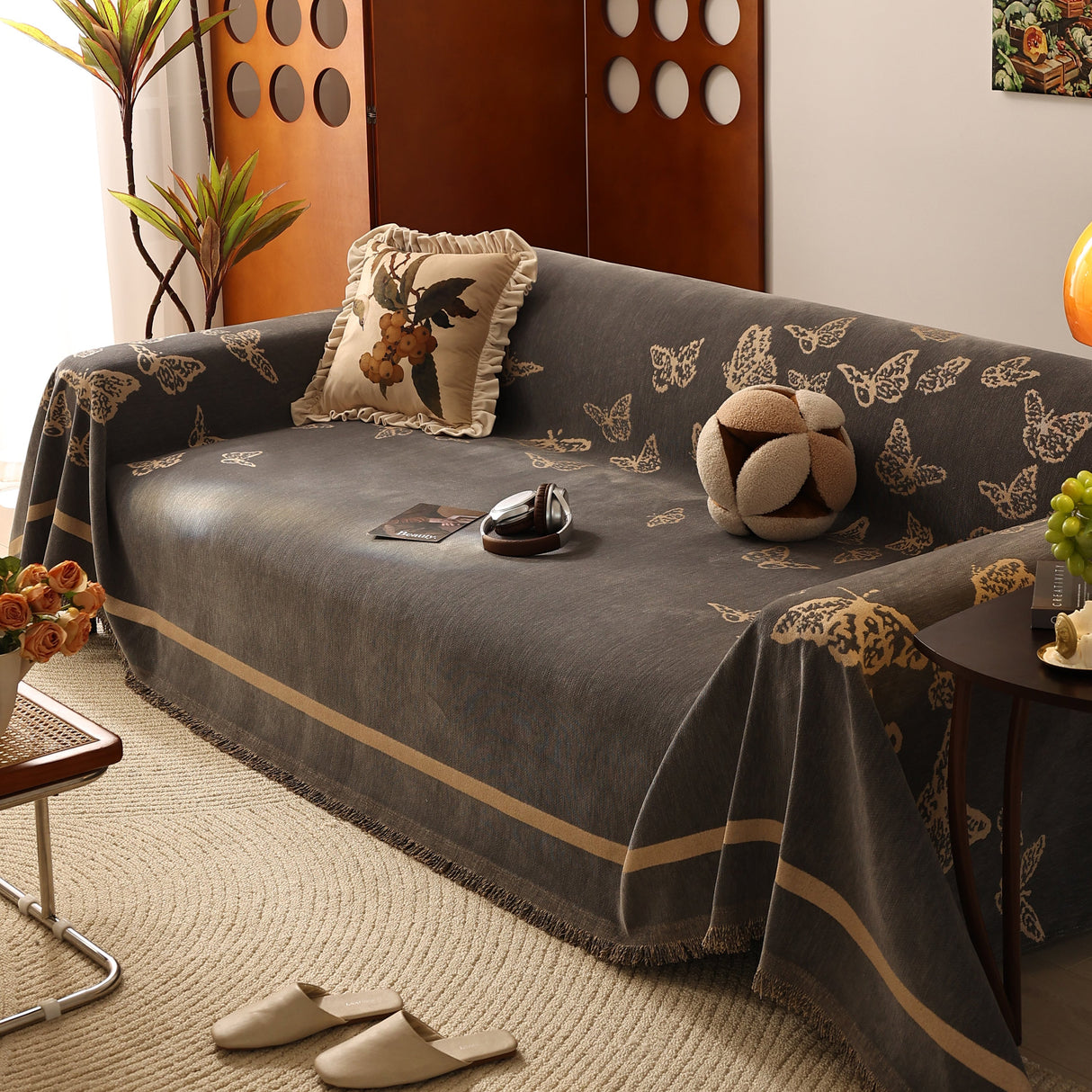 Butterfly Jacquard Soft Couch Blankets Cover for Couch Reversible Modern Sofa Slipcover Throw Covers