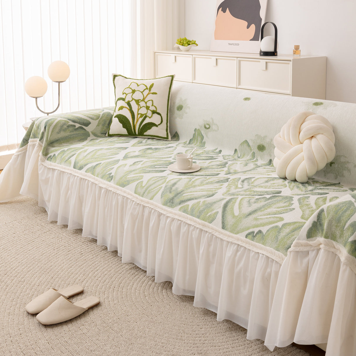 Botanical Sofa Cover with Chiffon Skirt, Floral Couch Throw Blanket for All-Season