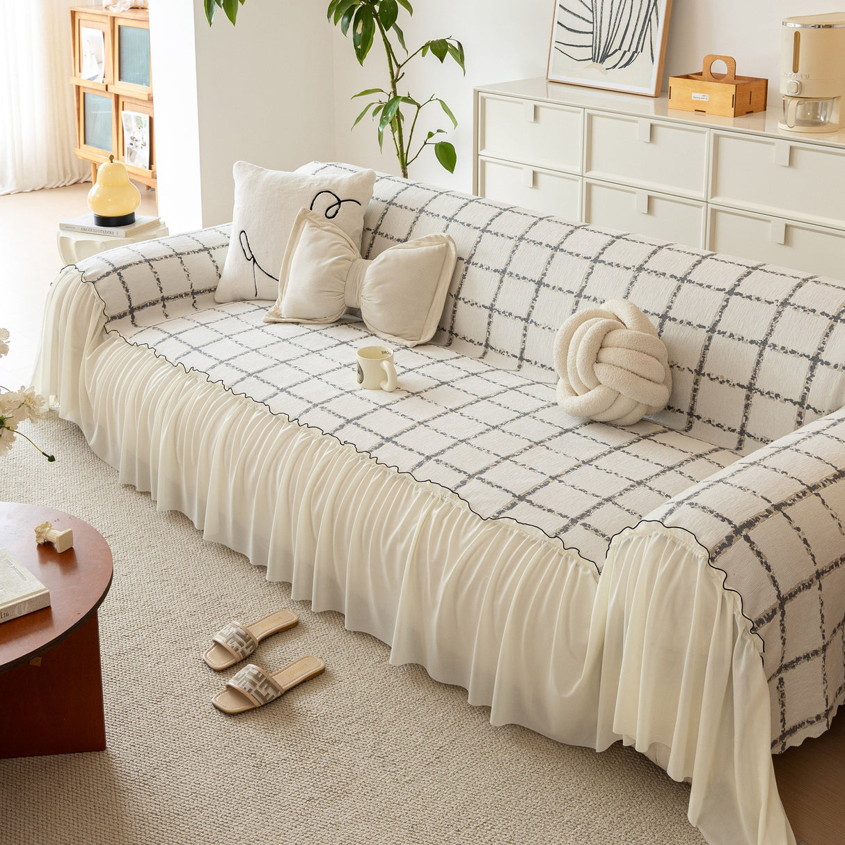 Grid Sofa Cover with Ruffle Skirt – Soft, Decorative, Full-Cover Couch Protector