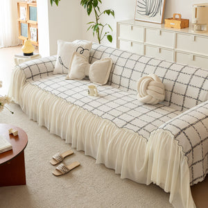 Grid Sofa Cover with Ruffle Skirt – Soft, Decorative, Full-Cover Couch Protector