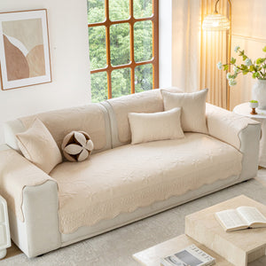 Floral Cotton Quilted Sofa Cover, Non-Slip Couch Protector with Scalloped Edges