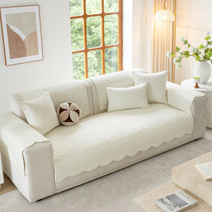 Floral Cotton Quilted Sofa Cover, Non-Slip Couch Protector with Scalloped Edges