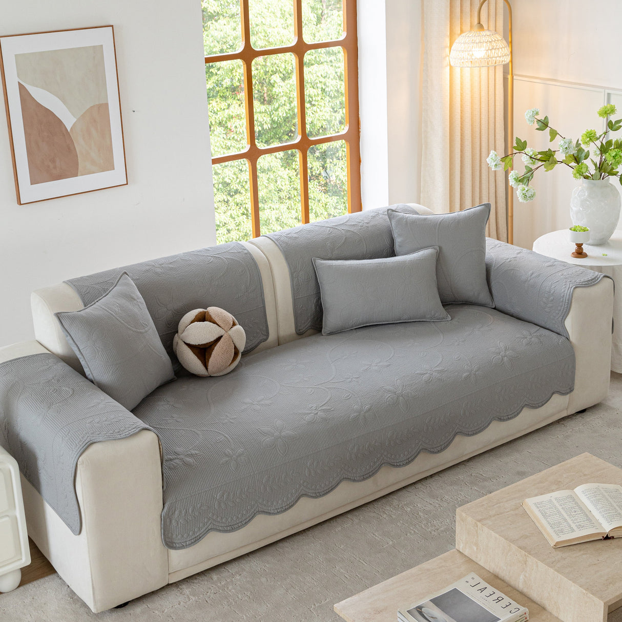 Floral Cotton Quilted Sofa Cover, Non-Slip Couch Protector with Scalloped Edges