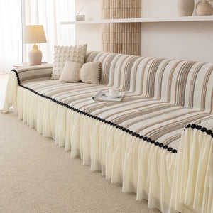 Boho Striped Couch Cover with Sheer Ruffle Skirt, Decorative Couch Throw Blanket