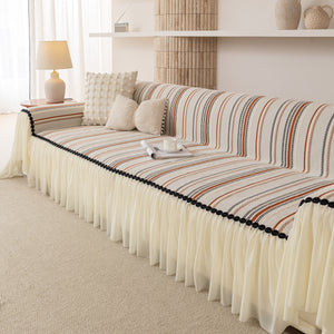 Boho Striped Couch Cover with Sheer Ruffle Skirt, Decorative Couch Throw Blanket