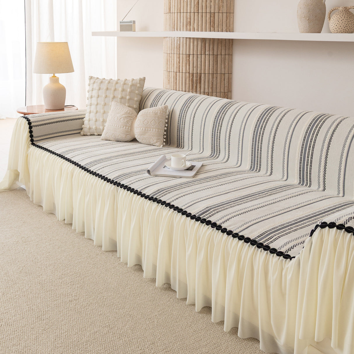 Boho Striped Couch Cover with Sheer Ruffle Skirt, Decorative Couch Throw Blanket