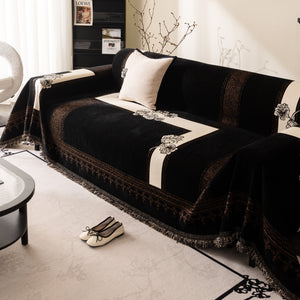 Jacquard Floral Band Sofa Cover with Tassels, Thick Textured Couch Throw Blanket