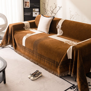 Jacquard Floral Band Sofa Cover with Tassels, Thick Textured Couch Throw Blanket