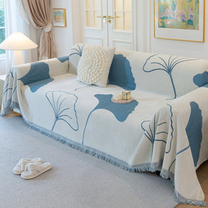 Cozy Couch Throw Blanket with Tassels, Jacquard Leaf Pattern Furniture Protector
