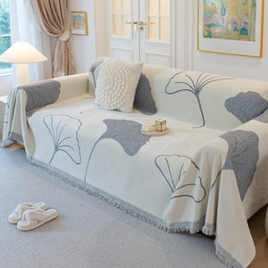 Cozy Couch Throw Blanket with Tassels, Jacquard Leaf Pattern Furniture Protector