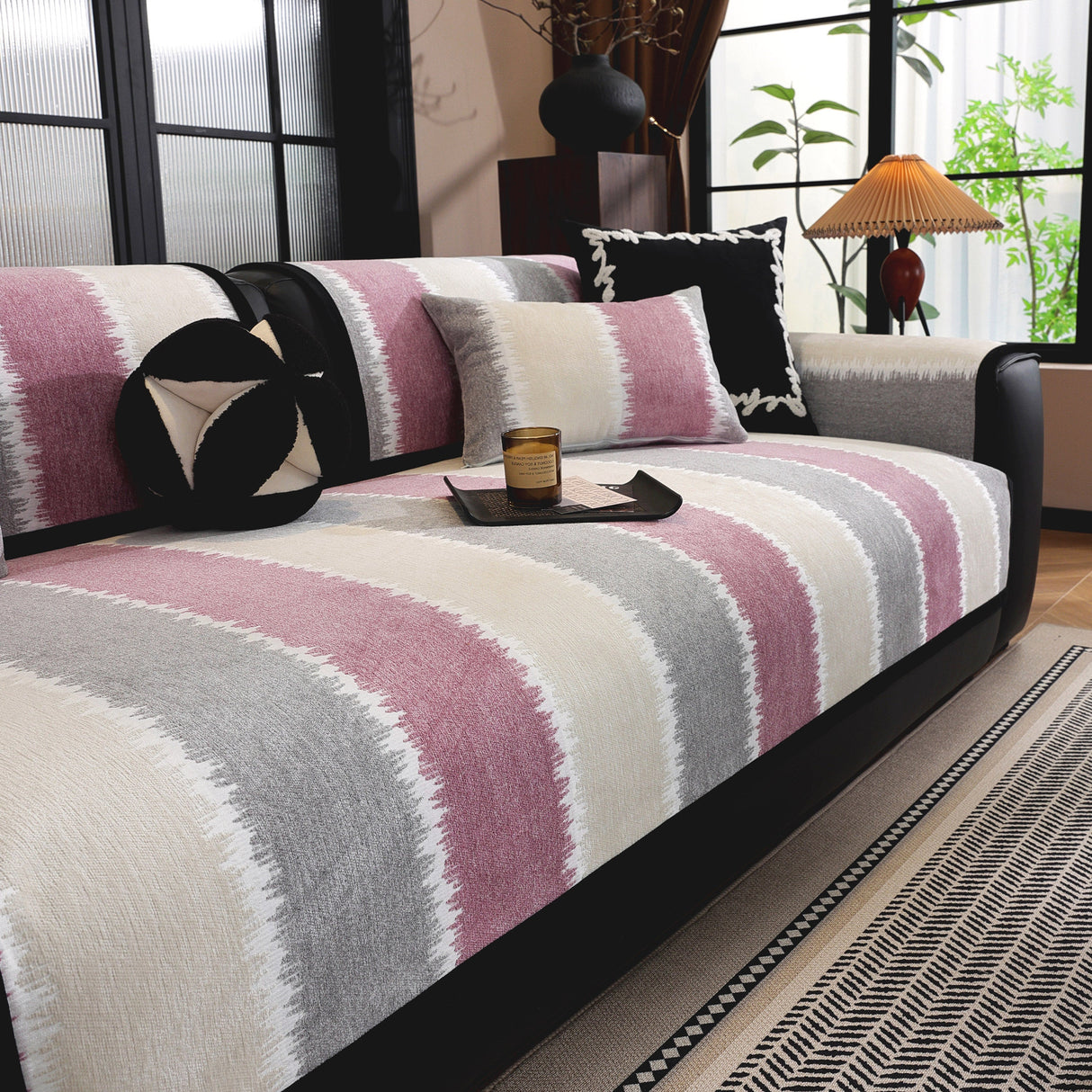 Striped Colorblock Non-Slip Sectional Couch Covers, Chenille Sofa Protector Cover