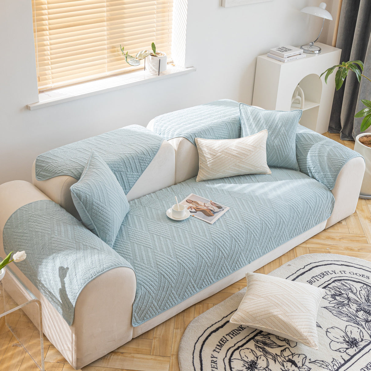 Quilted Geometric Cotton Sofa Cover, Non-Slip & Thick Padded Furniture Covers
