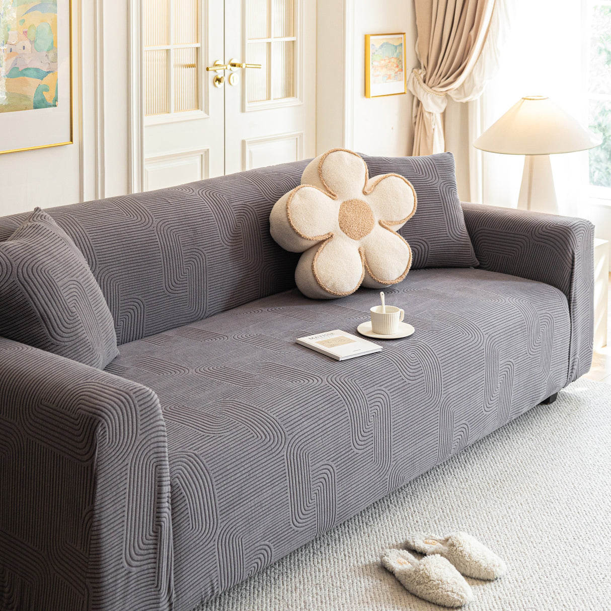 Modern Slipcovers Geometric Textured Stretchable Sofa Cover for Couch with Chaise