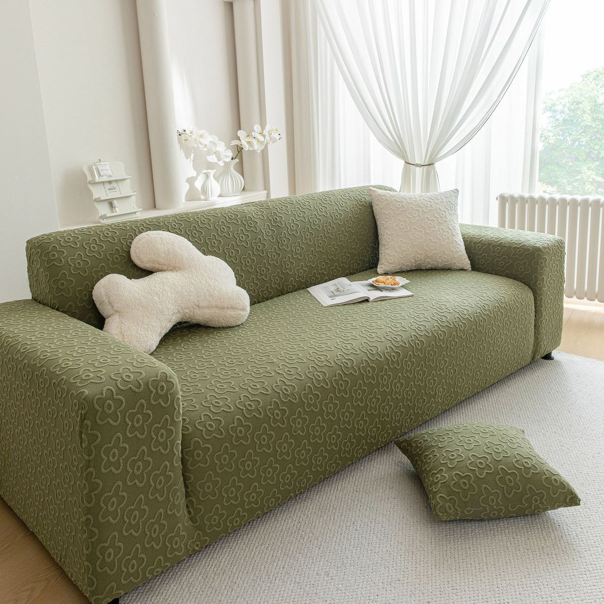 High Stretch Jacquard Sofa Slipcover, Soft Spandex Textured Floral Couch Cover