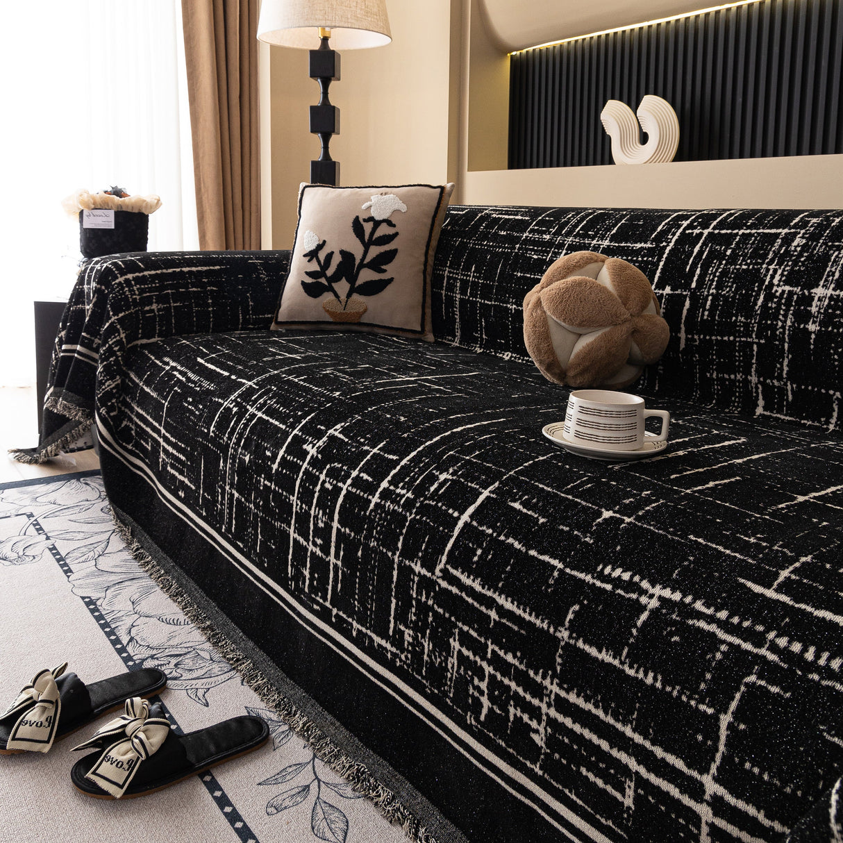 Modern Couch Protector Blanket Woven Chenille Sofa Cover Throw with Artistic Grid