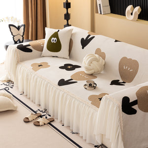 Retro Floral Sofa Cover with Sheer Ruffle Skirt, Decorative Sofa Protector Cover