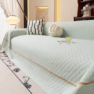 Jacquard Ice Silk Sofa Throw Cover with Gold Trim, Summer Cooling Couch Slipcover