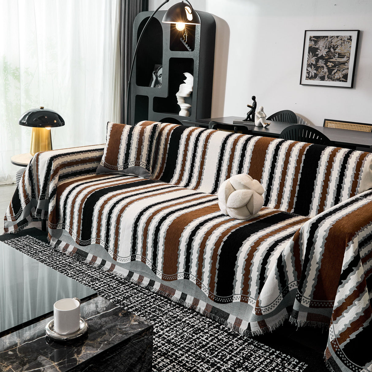 Striped Chenille Sofa Throw Covers, Boho Style Cozy Couch Protector Blanket