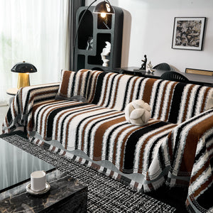 Striped Chenille Sofa Throw Covers, Boho Style Cozy Couch Protector Blanket