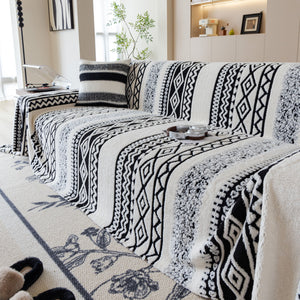 Bohemian Tufted Sofa Cover, Plush Flannel Throw Blanket with 3D Woven Aztec Stripes
