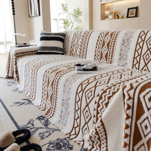 Bohemian Tufted Sofa Cover, Plush Flannel Throw Blanket with 3D Woven Aztec Stripes